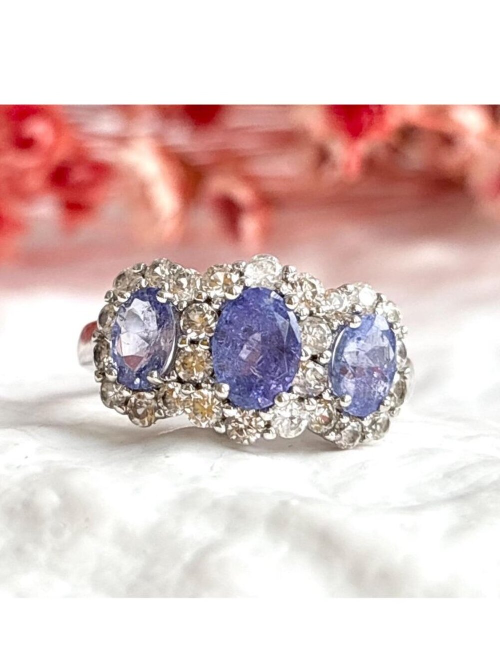 Tanzanite Gemstone Triple Oval Cut Halo Sterling Silver 925 Vintage Ring - sz 8